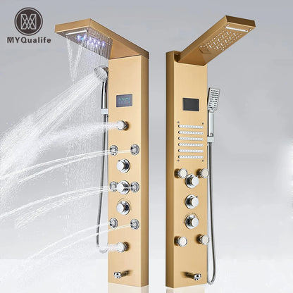 Golden Shower Panel LED Light Bathroom Bath Shower Column Tower Digital Screen Waterfall Rain shower Mixers Rotate Massage Jets