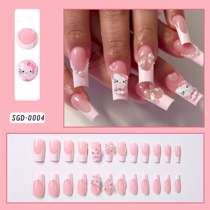 24Pcs Long Square Pink Hello Kitty False Nails French Wearable Full Cover Fake Nails Kitty Cat Bow Heart Design Press On Nails.