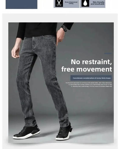 Loose Casual Jeans for Men Mid-aged Thick Winter Long Pants Business Style Straight Leg Spring Autumn Korean Version.