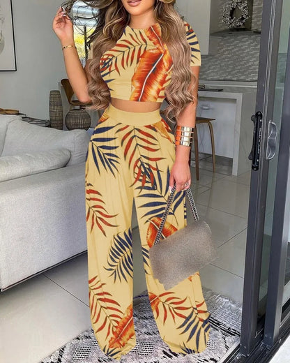New Women's Sexy Ultra Short Top Set Summer Fashion Printed Corset Waist Long Pants Slim Elegant Female Casual Pants 2 Piece Set.