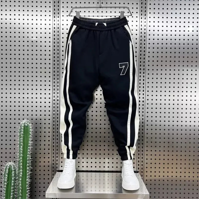 Fashionable Striped Color Blocking Sweatpants 2024 Autumn/Winter Men's New Casual Ankle Pants Patchwork Warm Harem Trousers.