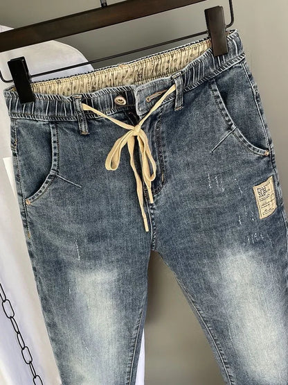 Spring Summer Trendy Men's Jeans Elastic Waist Slimming Harem Pants Smooths Your Silhouette Waist Slim Fit Denim Trousers.