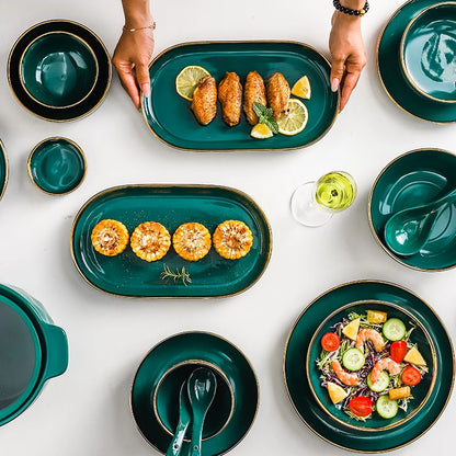 High-end Green Ceramic Plate Home Porcelain Dinner Plate Exquisite Ceramic Bowl Custom Large Size Fish Plate Kitchen Accessories.