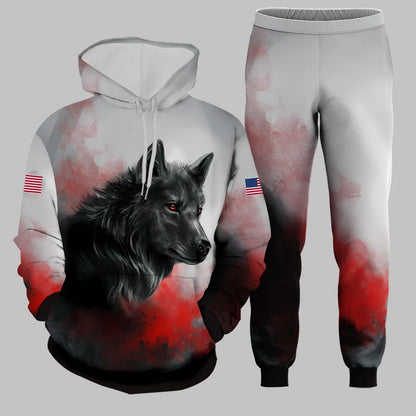Men's Hoodie Set Funny 3D Wolf Print Hoodies Pants Sports Suit Autumn Winter Casual Sweatshirts 2 Piece Outfit Fashion Tracksuit.