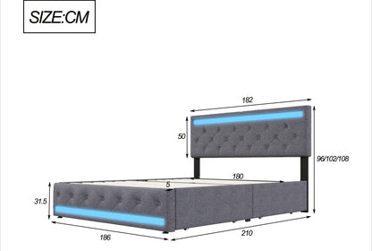 Comanlai 140 x 200 cm/160 x 200 cm/180 x 200 cm Doppelbett mit LED-Licht und 4 Schubladen, gepolstertes Bett mit USB-Ladeanschluss, Leinen