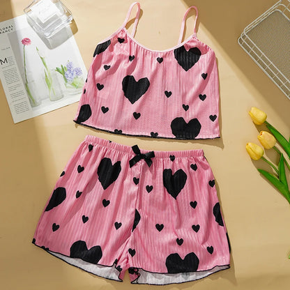 Damen-Pyjama-Set mit Herz-Print, süßes sexy Straps-Top, Shorts, lässiges Heim-Nachtwäsche-Set, bequeme Baumwoll-Loungewear