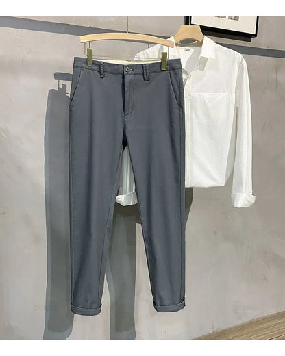 97%Cotton Autumn Winter Casual Pants Men Business Fashion Classic Solid Color Stretch Straigh Grey Khaki Brand Trousers Male 38.