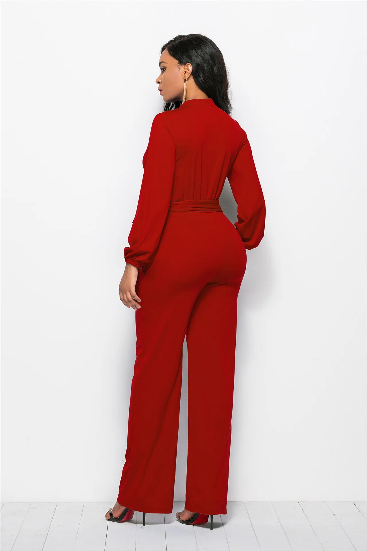 Temperament Solid Color Slim Jumpsuits Women Fashion Long Sleeve Buttons High Waist Leace-up Jumpsuit Ladies Commuting Clothing.