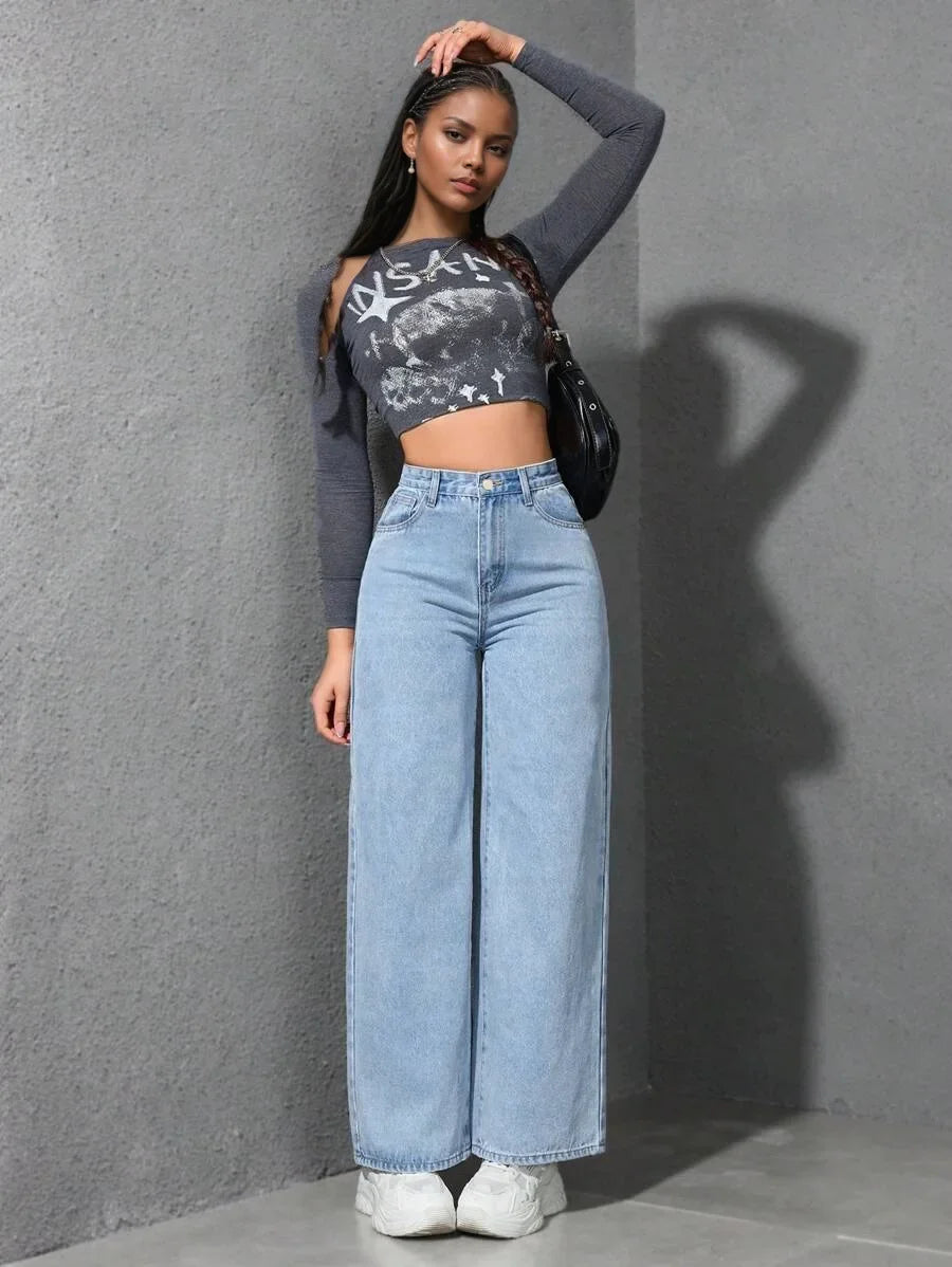 Jeans Women Denim Pant Wide Leg Pants Denims High Waist Washed Distressed Basics Straight Trousers 2025 Streetwear Floor Length.