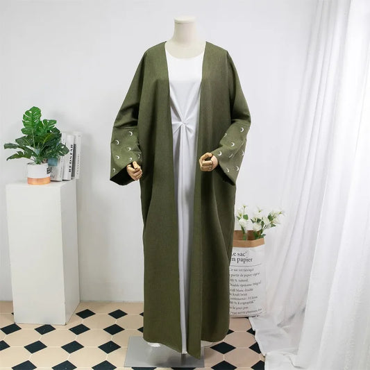 Lose Kaftan muslimischen Abayas Frauen islamische Kleidung Mond Stickerei offene Front Abaya Langarm Maxi Länge Kleid Frauen Jilbabs