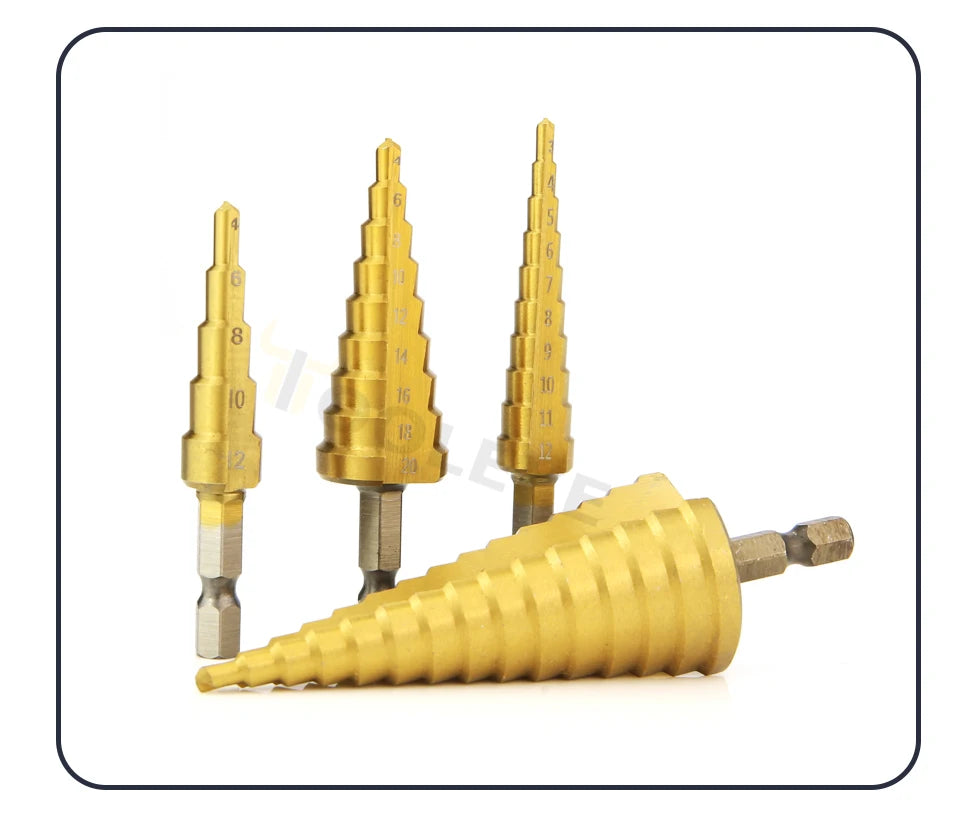3-12 4-12 4-20 4-32mm HSS Titan Stufenbohrer Konischer Bühnenbohrer für Metall Holz Hochgeschwindigkeits-Stufenbohrer-Set Elektrowerkzeuge