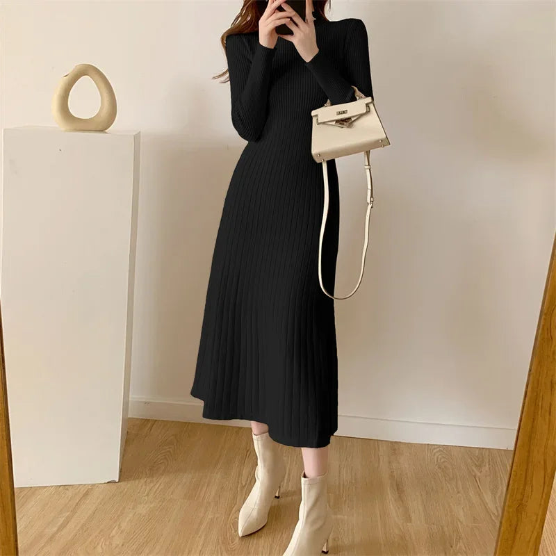 Herbst Winter schlankes Langarm Party Midi Kleid für Frauen gestrickt halbhohen Kragen elegante Strick pullover Kleider Damen