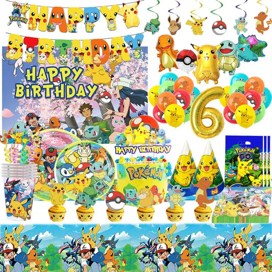 Pokemon Thema Geburtstag Party Dekoration Lieferungen Cartoon Pokemon Gehen Geschirr Tassen Teller Pikachu Ballon Für Baby Dusche Gefälligkeiten.