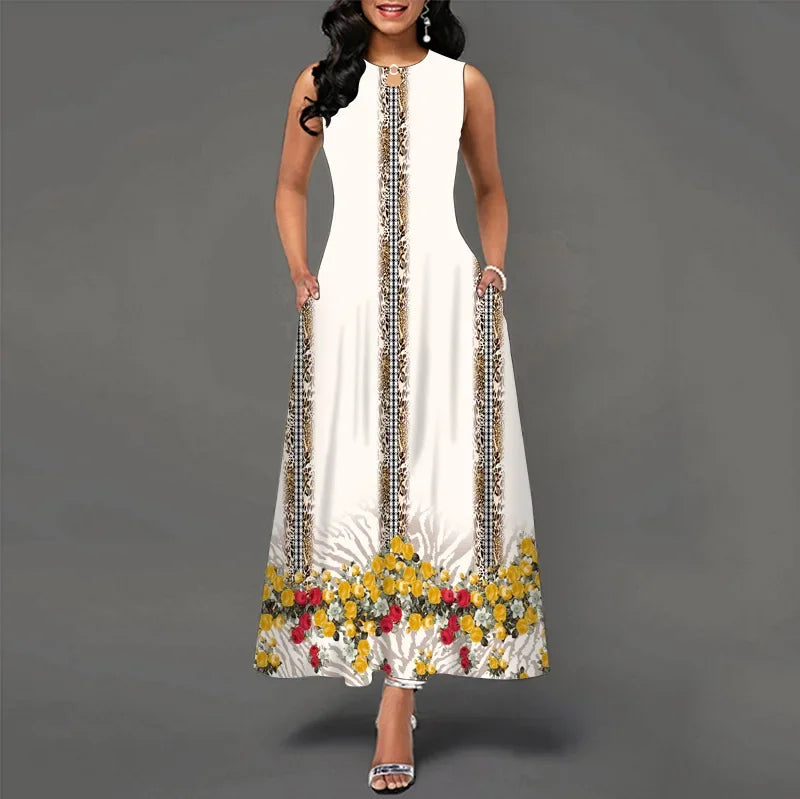 Blumendruck Neues lässiges ärmelloses langes Kleid Damen V-Ausschnitt bedrucktes Kleid Swing Bohemian Retro Kleider