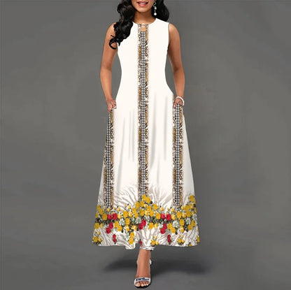 Blumendruck Neues lässiges ärmelloses langes Kleid Damen V-Ausschnitt bedrucktes Kleid Swing Bohemian Retro Kleider