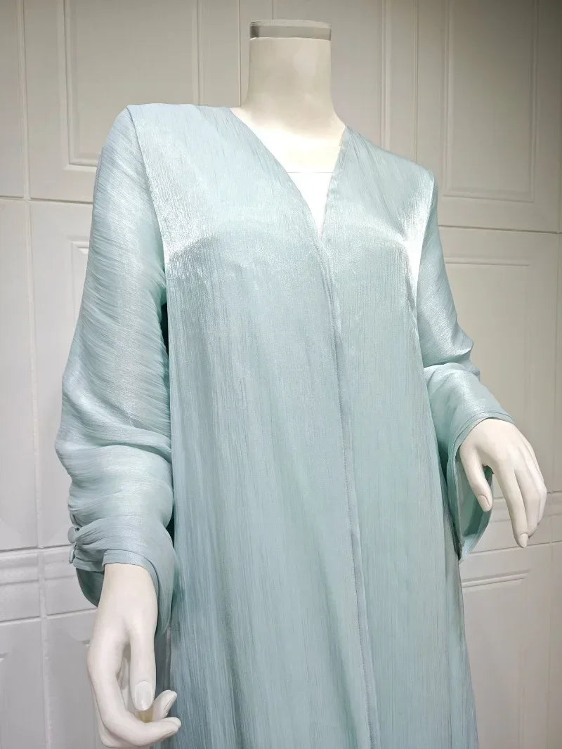 2025 Ramadan Satin muslimischen bescheidenen Kleid arabische Frauen öffnen Abaya Dubai islamische Langarm Cardigan Kleidung Truthahn schlichte Robe