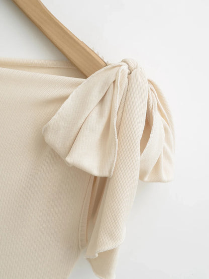 Shoulder Bared Short Sleeve T Shirt Women's Spicy Girl Design Slimming Top Summer New Style One Word Oblique Shoulder Tie Waist.