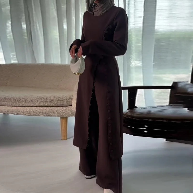 Two Piece Set Women Long Robe Top Wide Leg Pants Suit Ramadan Morocco Dubai Islam Casual Ensemble Femme Muslim Arabic Outfits.