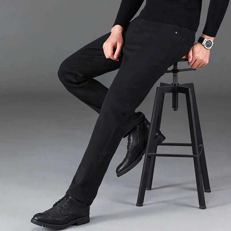 Men Business Denim Pants Male Classic Casual Straight Leg Slim Fit Trousers Elastic Solid Smoke Gray Pants.