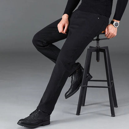 Men Business Denim Pants Male Classic Casual Straight Leg Slim Fit Trousers Elastic Solid Smoke Gray Pants.