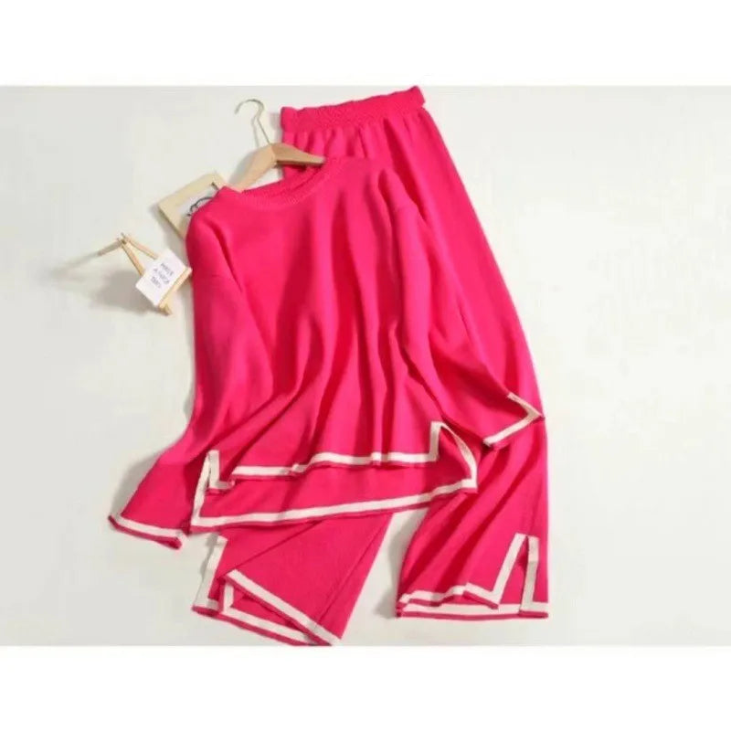 Elegant Suit Long-sleeved Side Slit Pullover Sweater Wide-leg Pants 2-piece Set Women's Autumn Solid Color Casual Sweatshirt.