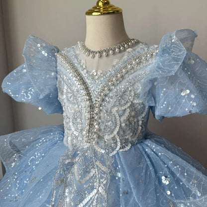Mädchen Kleid 2025 Neue Frühling Elsa Baby Prinzessin Kleid Puffy Tüll Blau Geburtstag Kleine Host Leistung.
