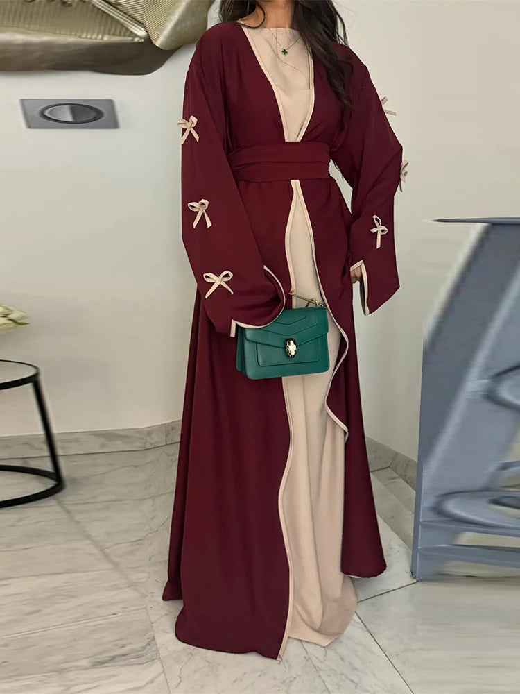 Ramadan Eid Open Modest Kimono Butterfly Bow Abaya Dubai Luxury Muslim Abayas for Women Islam Kebaya Caftan Robe Femme Musulmane.