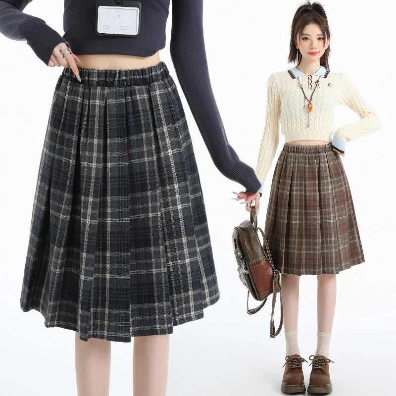 Preppy Style Woolen Pleated Plaid Skirt Women Fall Winter Retro Elastic High Waist Skirts Female Japanese A Line Faldas 2025 New.