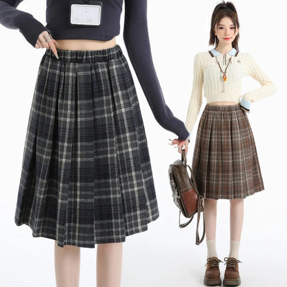 Preppy Style Woolen Pleated Plaid Skirt Women Fall Winter Retro Elastic High Waist Skirts Female Japanese A Line Faldas 2025 New.