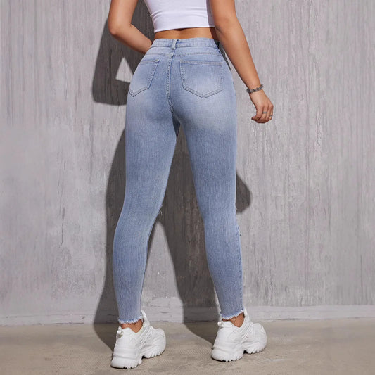 2025, Frühlings-Röhrenjeans mit hoher Taille für Damen – Stretch-zerrissene hellblaue Denim-Hose, knöchellange Slim-Fit-Freizeithose XS-XXL