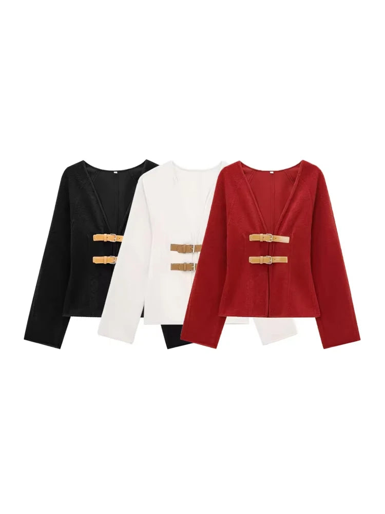Women Fashion With Belt Woolen Jacket Coat V Neck Long Sleeve Female Outerwear Chic Tops.