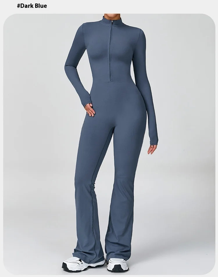Women's One-piece Yoga Jumpsuit Long Sleeve Zipper Slim Fit Sports Outfit Flare Tights Quick-drying Hip Lift Gym Fitness Clothes.