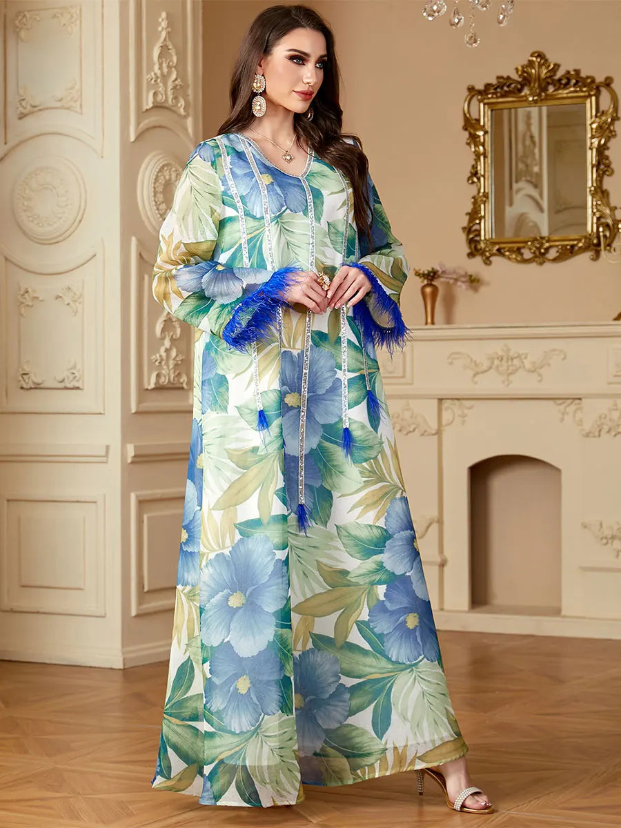 Siskakia Muslim Floral Print Dresses Women's Jalabiya Ramadan Elegant Casual Abayas Dubai Moroccan stylish Long Sleeves Kebaya.