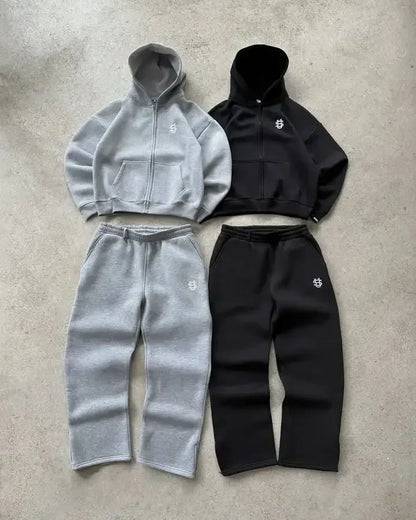 Embroidered sweatpants two-piece set Y2K clothing men's hip-hop oversized sweatpants casual zipper hoodie.
