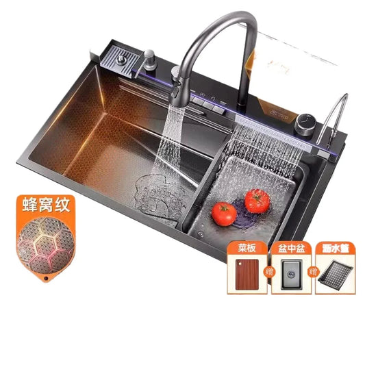 5.0 Thickened Whale Honeycomb Sink Feiyu Waterfall 304 Stainless Steel Handmade Digital Display Single Sink Household Kitchen