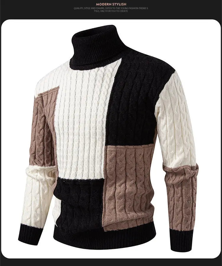 #8621 Spliced Color Turtleneck Sweater Men Long Sleeve Knitted Pullover Male Teenager Pullover Hombre Thick Autumn Winter.