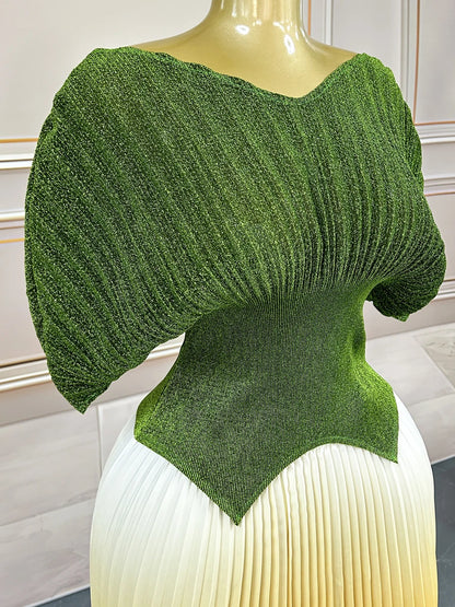 Women Plus Size Gradient Color Long Skirts And Tops Pleated 2 Piece Outfit Luxury Dubai Prom 2025 Casual For Female Fashion Sets.