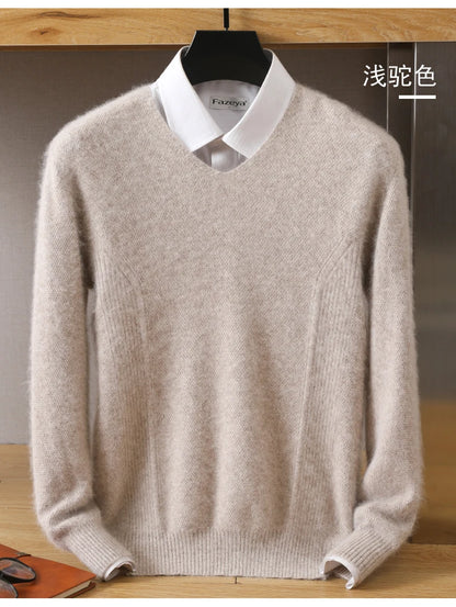 Men's 100% Pure Mink Cashmere Sweater V-Neck Pullovers Knit Large Size Mink Sweater Winter New Tops Long Sleeve High-End Jumpers.