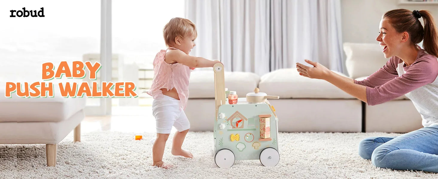 ROBUD Wooden Baby Push Walker Learning Walking Toys Adjustable Height Walker with Decelerator Montessori Toys for Baby age 1+.