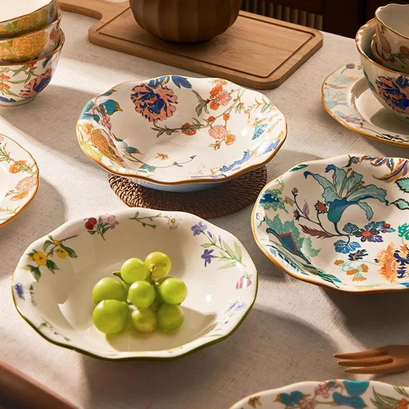 1PC Chinese-style Ceramic Plates New Flower-patterned Dinner Plates Ceramic Fruit Salad Plates Exquisite Kitchen Accessories.