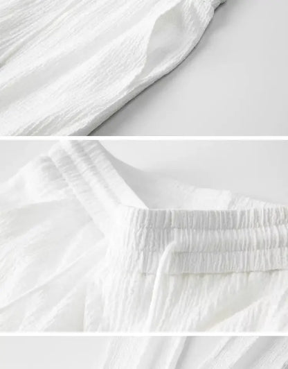 Summer Lightweight Pleated Cotton Casual Sports Set Men's Thin Comfortable Breathable Fashionable Collar Short Sleeve Two-Piece