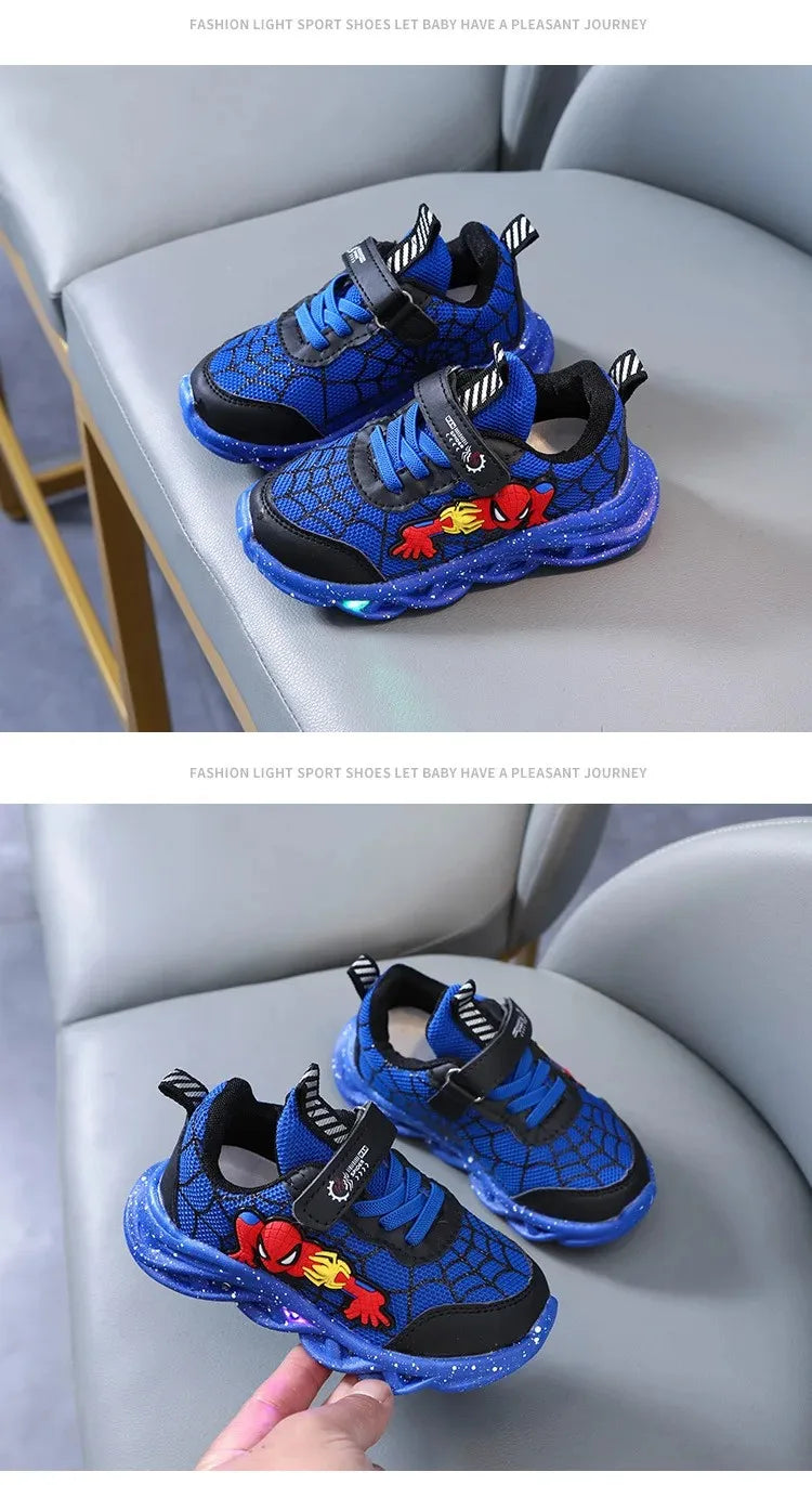 Disney LED Casual Sneakers Red Black For Spring Boys Spiderman Mesh Outdoor Shoes Children Lighted Non-slip Shoes Size 21-30.