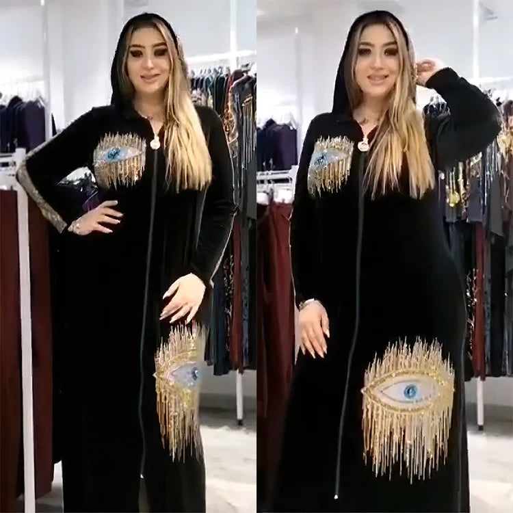 Long Sleeved Hooded Muslim Dress Velvet Diamond Clothing for Women Dubai Abayas Casual Korean Style Kaftan Evening Dress Abayas.