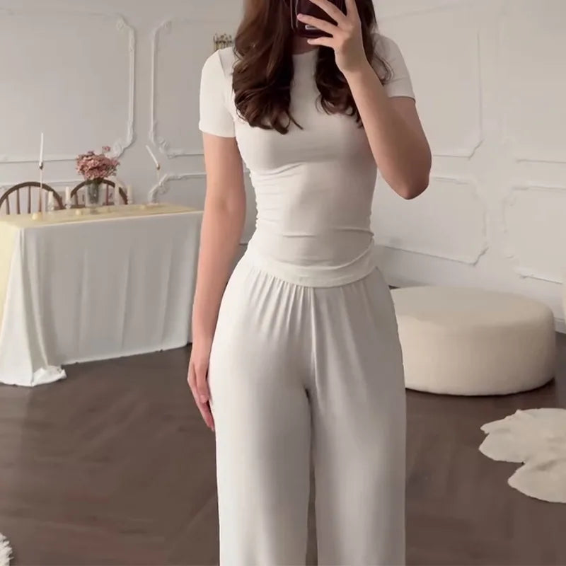 Solid Color Top Women Set Slim Fit Long Sleeved O-neck Top Pleated Straight Pocket Pants 2025 Spring/summer Vacation Women's Set.