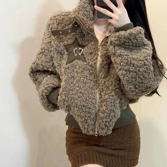 Winter Lamm Wolle Vintage Jacke Frauen Stehen Kragen Faul Wind Casual Zipper Mäntel Langarm 3D Dekoration Lose Geerntete Jacken