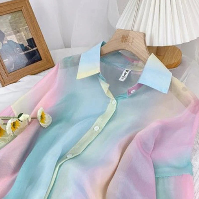 Irregular Gradient Rainbow Long Sleeved Shirt And Blouses Thin Youthful Women's Clothing Loose Top Pink Casual Transparent New.