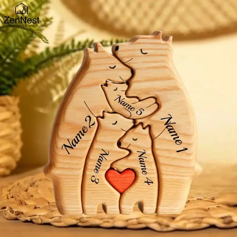 Art Wooden Bear Family Puzzle Personalized Name Custom Home Decor Thanksgiving Christmas Heartwarming Gift for Baby Mom.