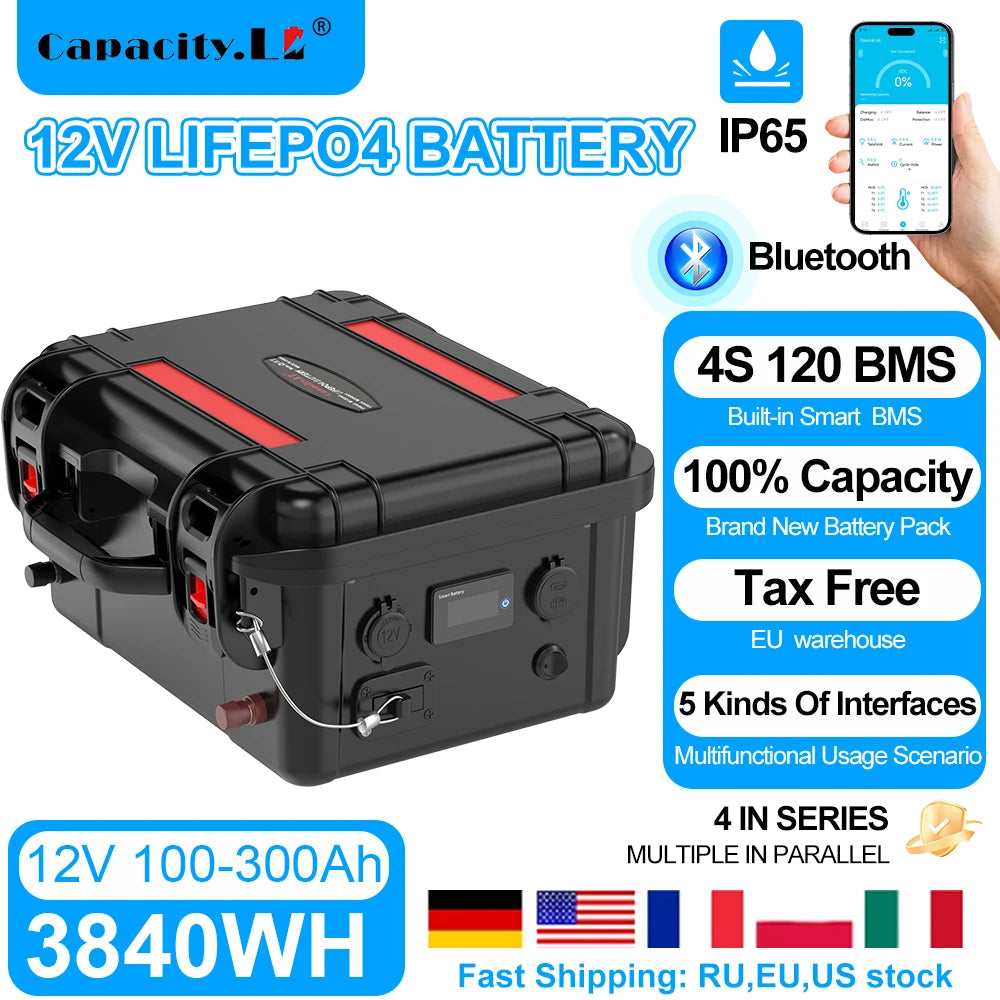 New12V100Ah LiFePo4 Battery 120AH 150AH200AH 12v Rechargeable Lithium Battery Pack300A With Bluetooth BMS for Comping Solar Boat.