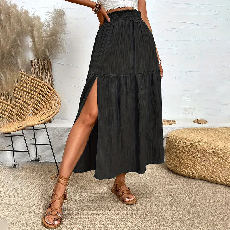 Fairyshely Casual Green Split Long Skirt Women 2025 Summer Ruffle High Waist Midi Skirt Lady Elegant Solid A line Pleated Skirt.