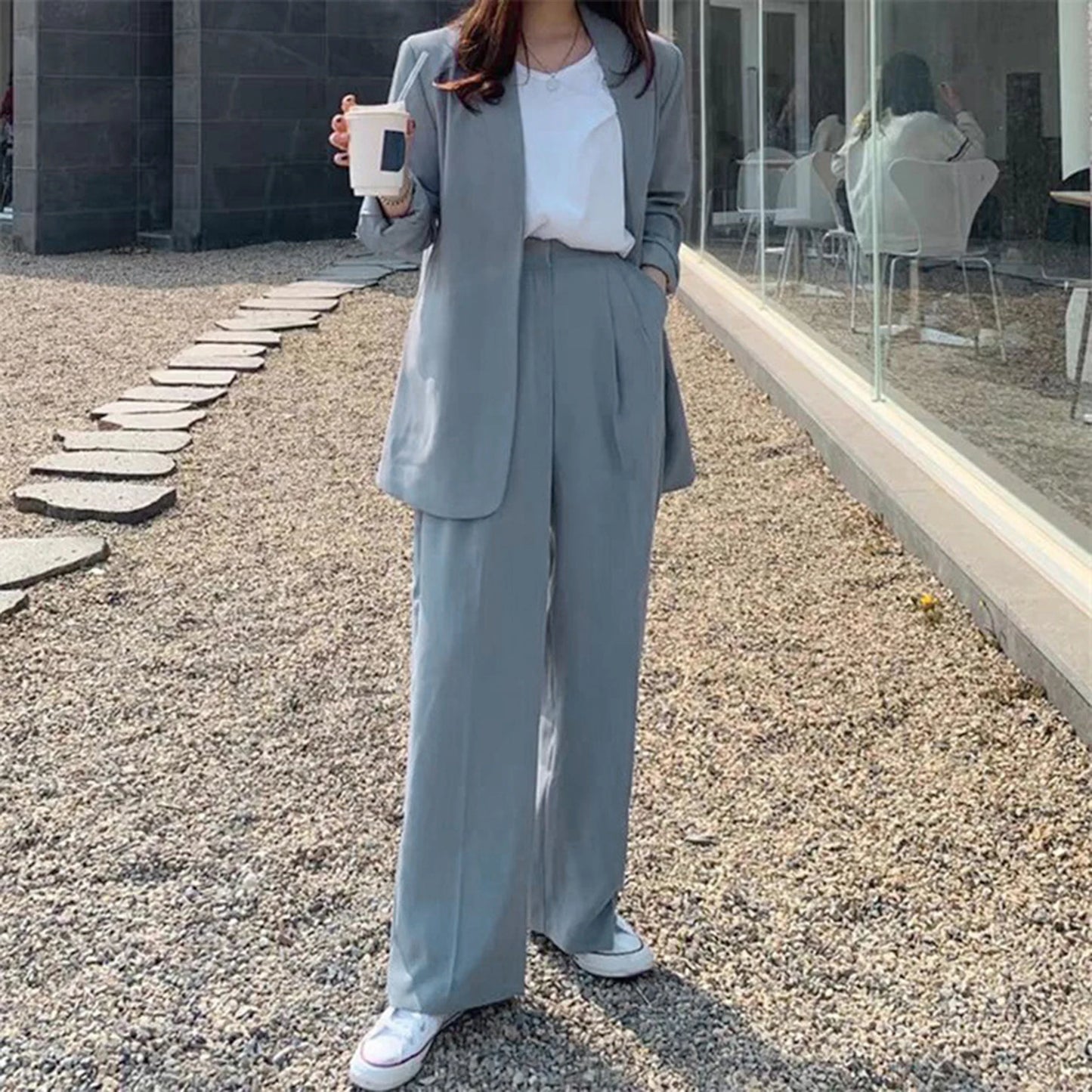 Wide Leg Suit Pants Set Elegant Women Business Suit Set Cardigan Jacket High Waist for Professional Lady Formal Coat Pants Set.